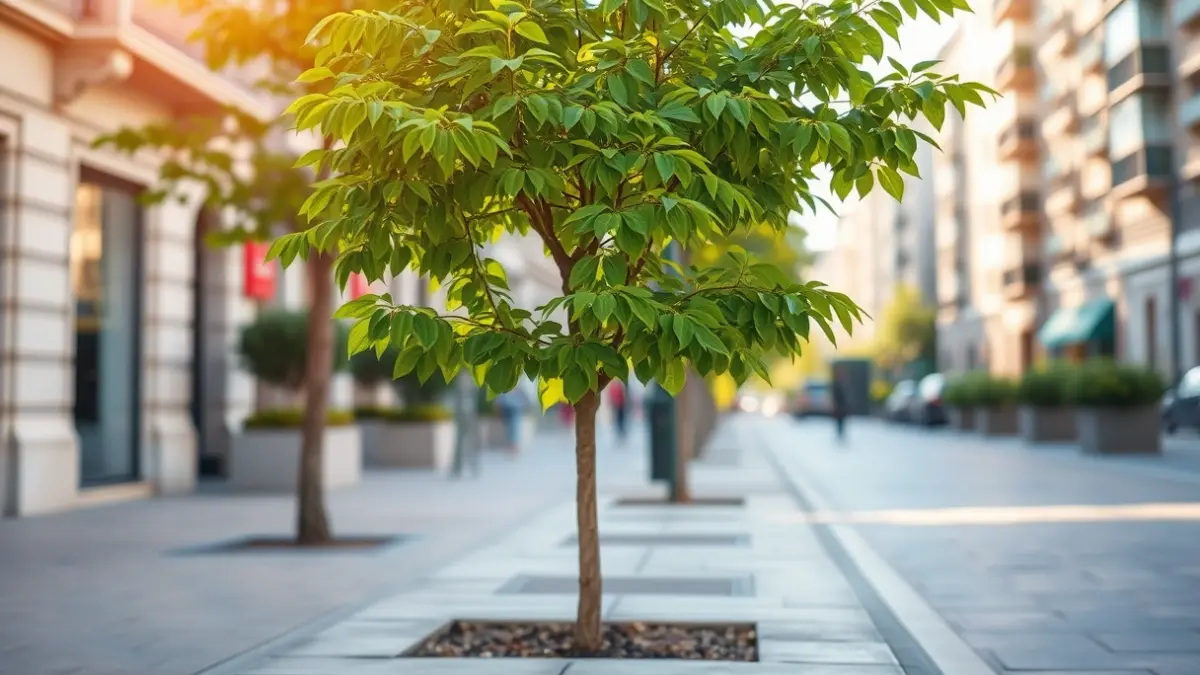 Imagen de un árbol recién plantado en una acera renovada.