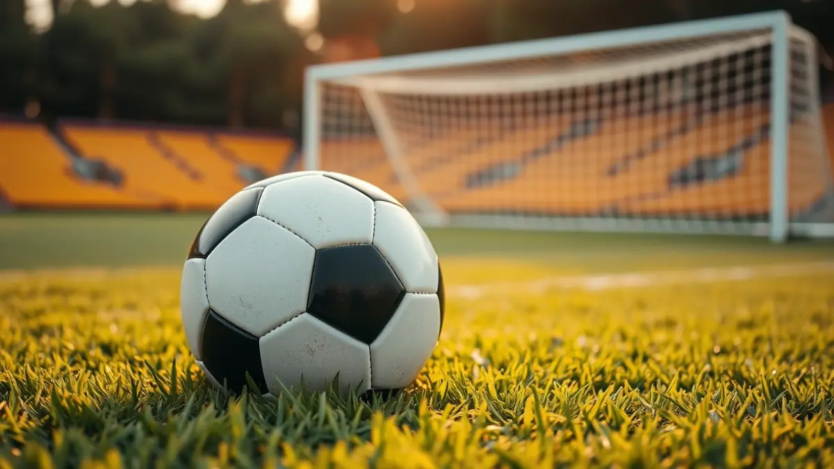 Generic image of a soccer ball on grass in a stadium.