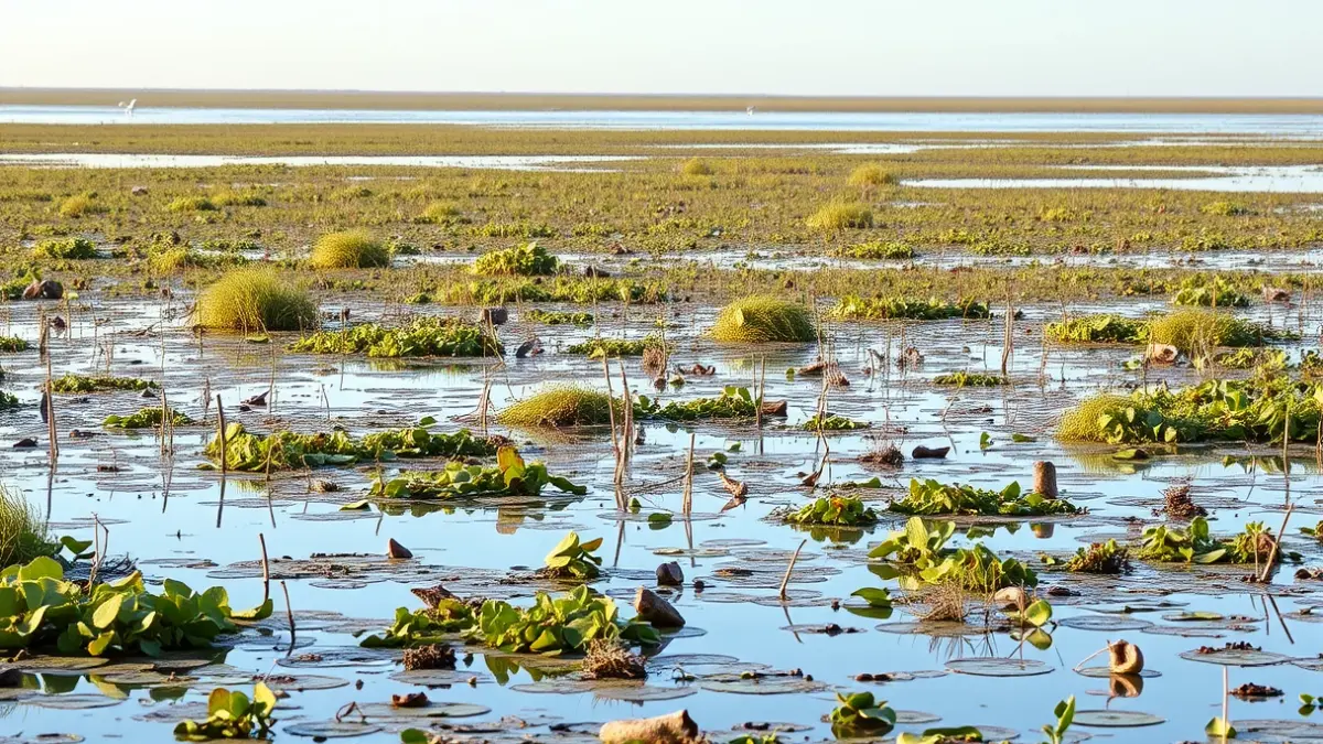 Imagen genérica de un humedal con aves, representando un santuario natural.