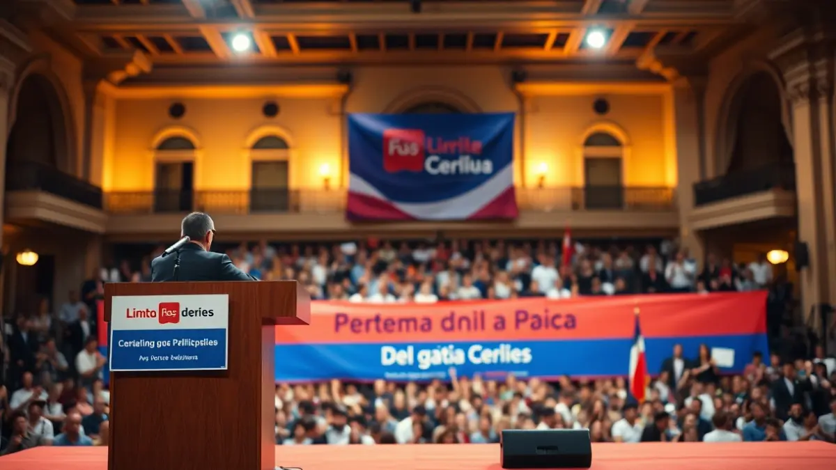 Generic image of a political rally with a microphone at the podium and a blurred crowd.