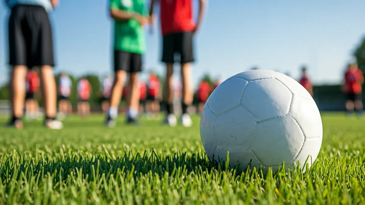 Generic image of a soccer ball on a grass field, with blurred figures of young athletes in the background.