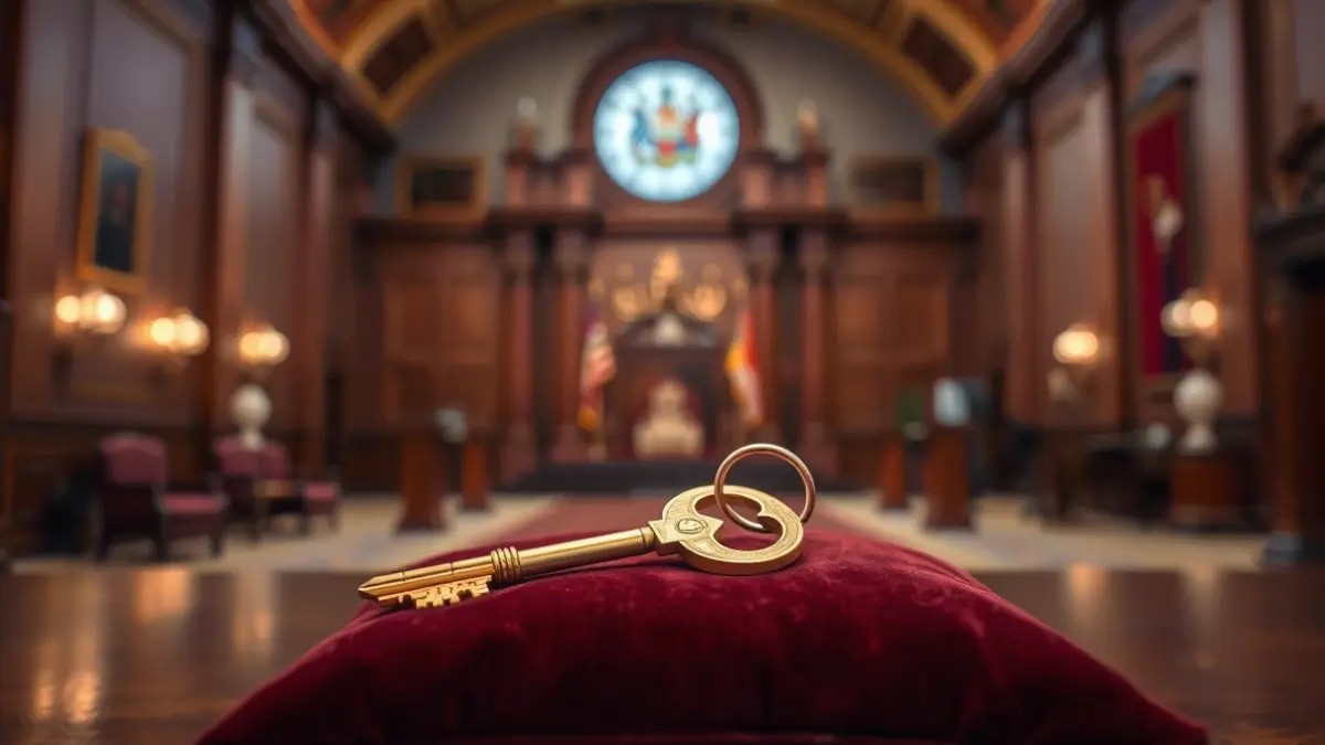 Imagen de una llave de oro sobre un cojín de terciopelo, simbolizando un reconocimiento oficial.