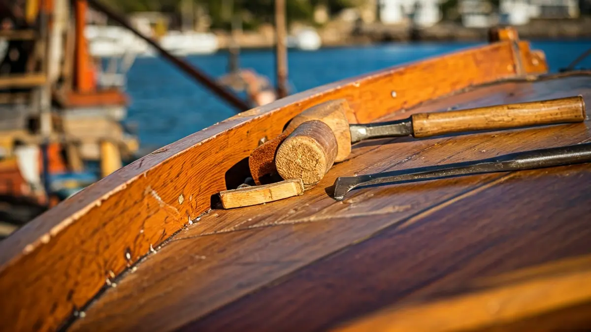 Imagen de un carpintero de ribera trabajando en la reparación de una embarcación de madera.