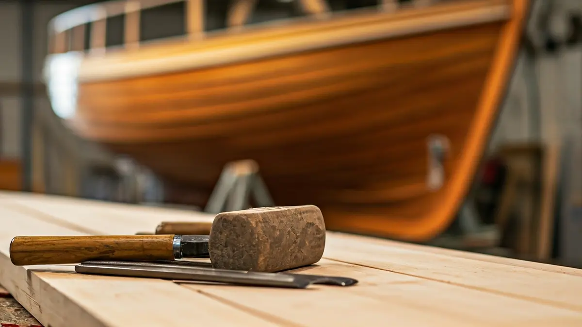 Generic image of traditional boatbuilding tools on wood.