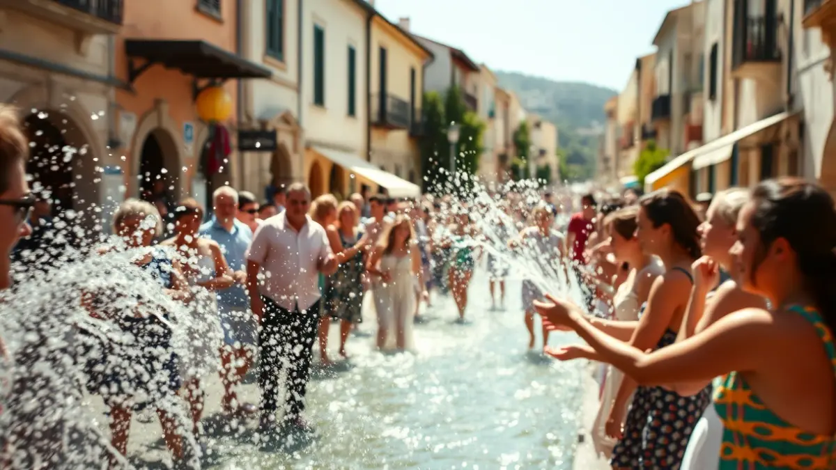 Imagen de la Carrera del Agua de Lanjarón, con gente lanzándose agua en una calle festiva.