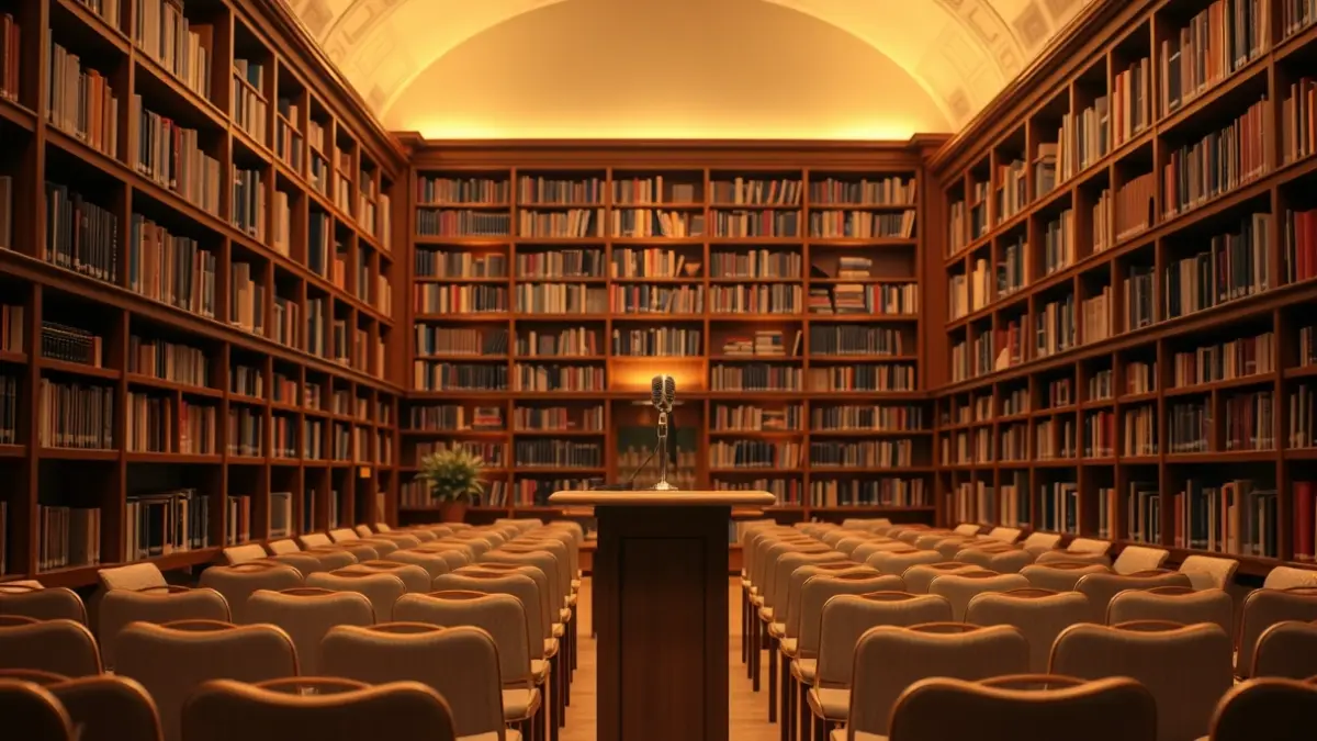 Imagen genérica de una sala de lectura o biblioteca con un micrófono, evocando un ambiente cultural.
