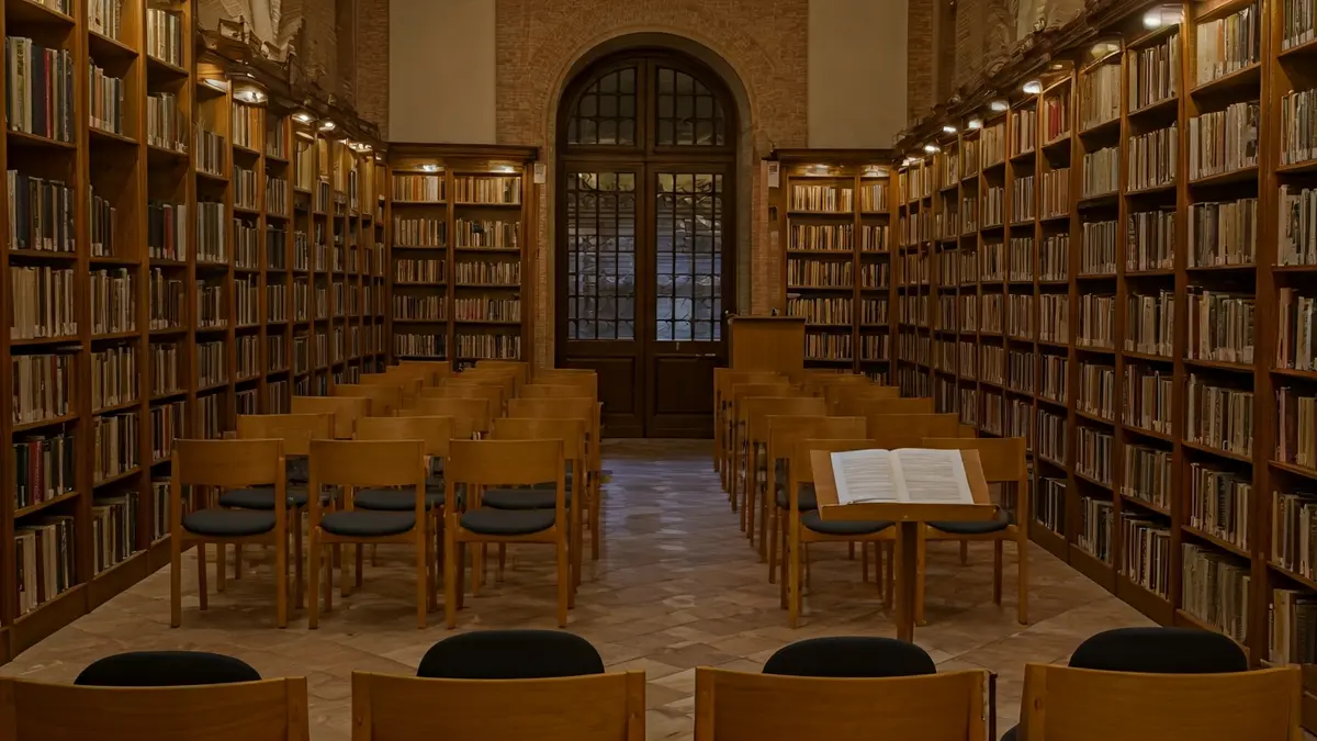 Generic image of a warm-lit library or event hall interior with a podium and chairs.