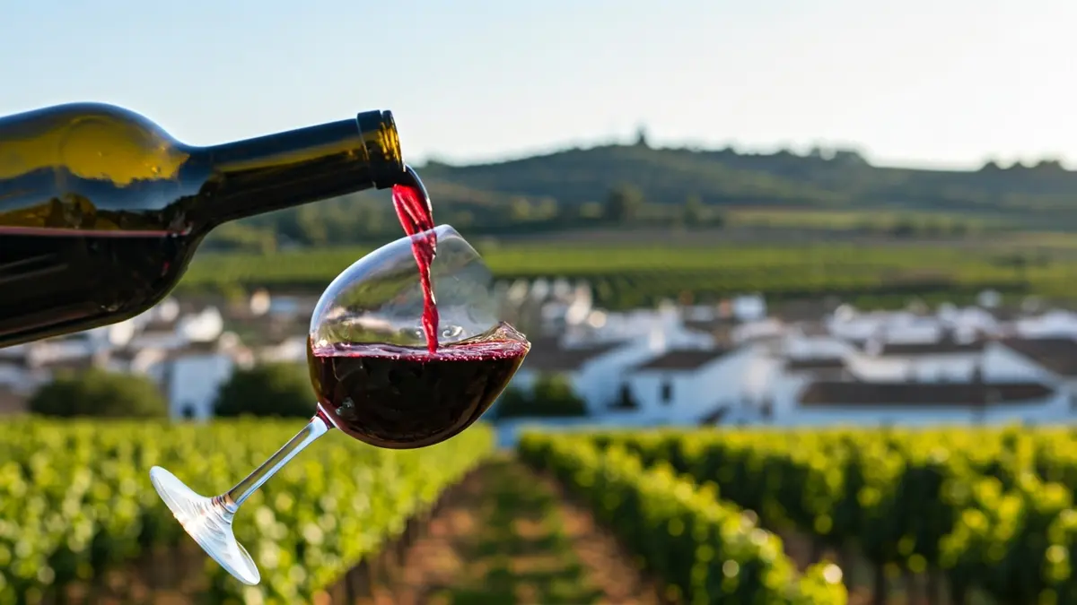 Image of a wine glass being served, with an Andalusian landscape in the background.