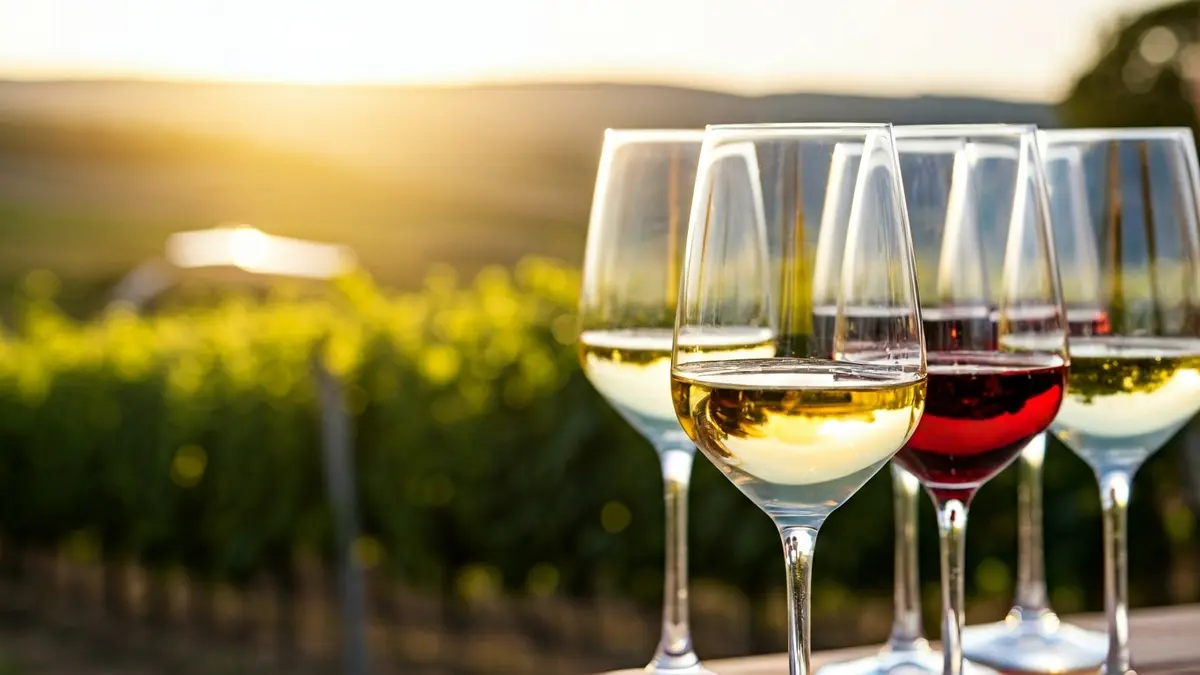 Wine glasses with Montilla-Moriles wine in a festive setting, with vineyards in the background.