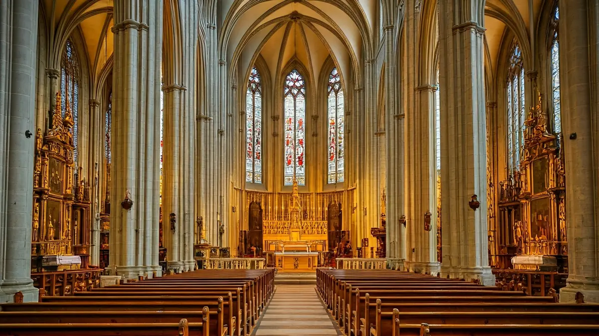 Interior of a cathedral with classical architecture and dim light