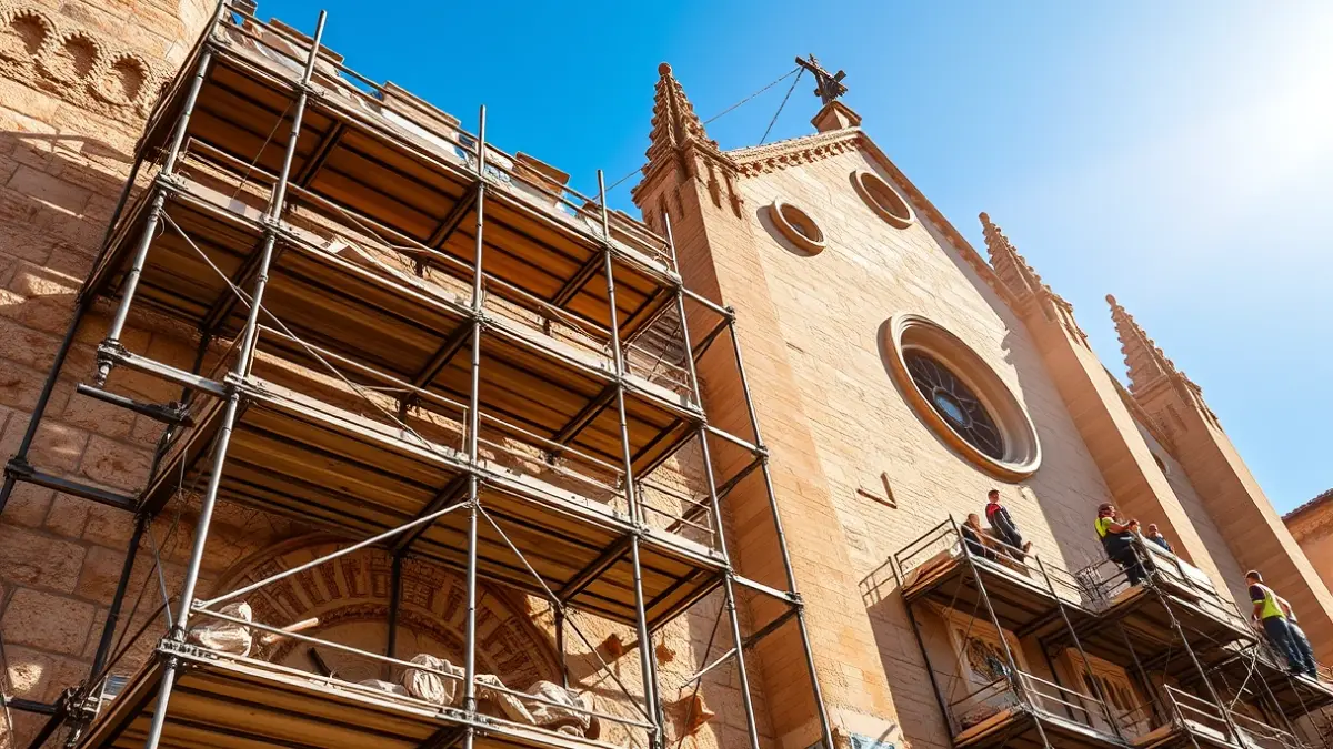 Andamios instalándose en la fachada de la Catedral de Málaga para la construcción del tejado de la sacristía.