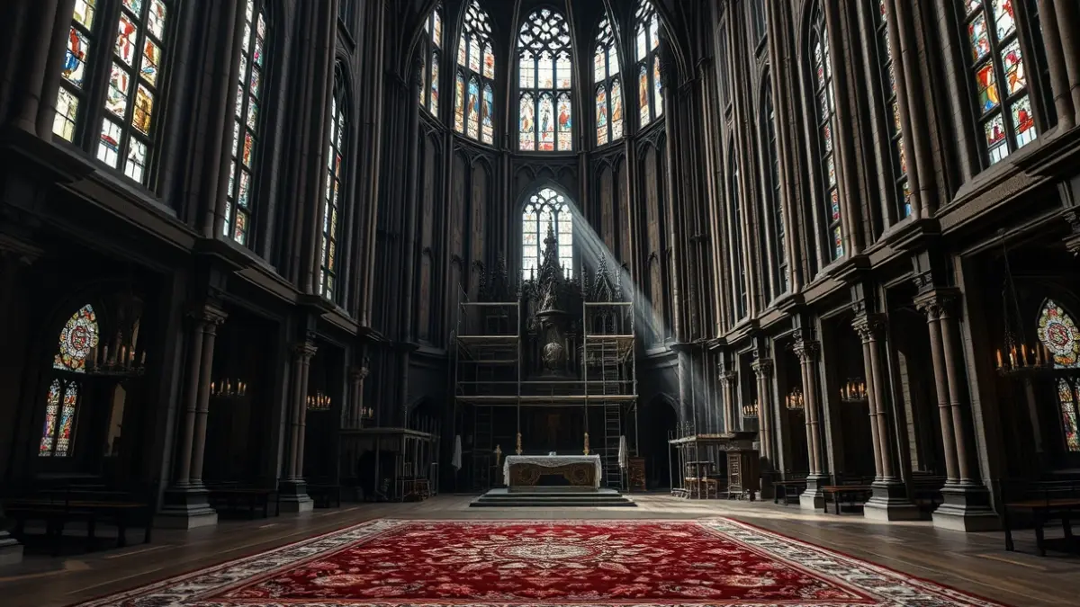Image of the main altar of Seville Cathedral with scaffolding and a new carpet.