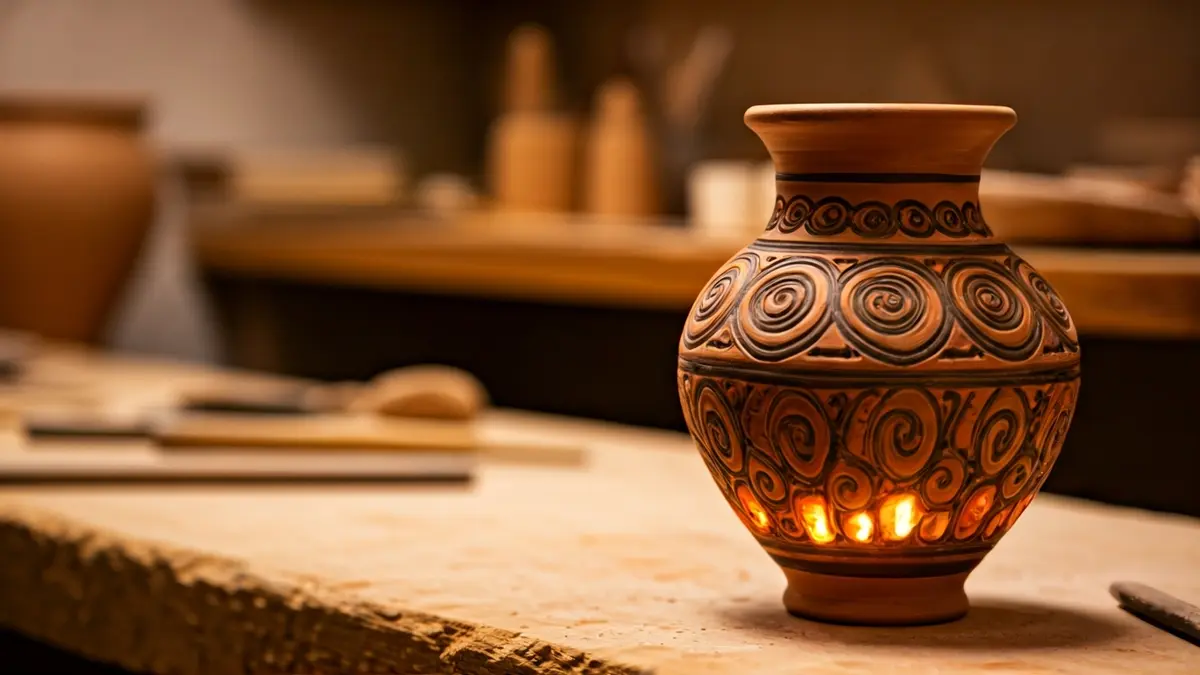 Imagen de una pieza de cerámica artesanal en un taller, con detalles intrincados y luz cálida.