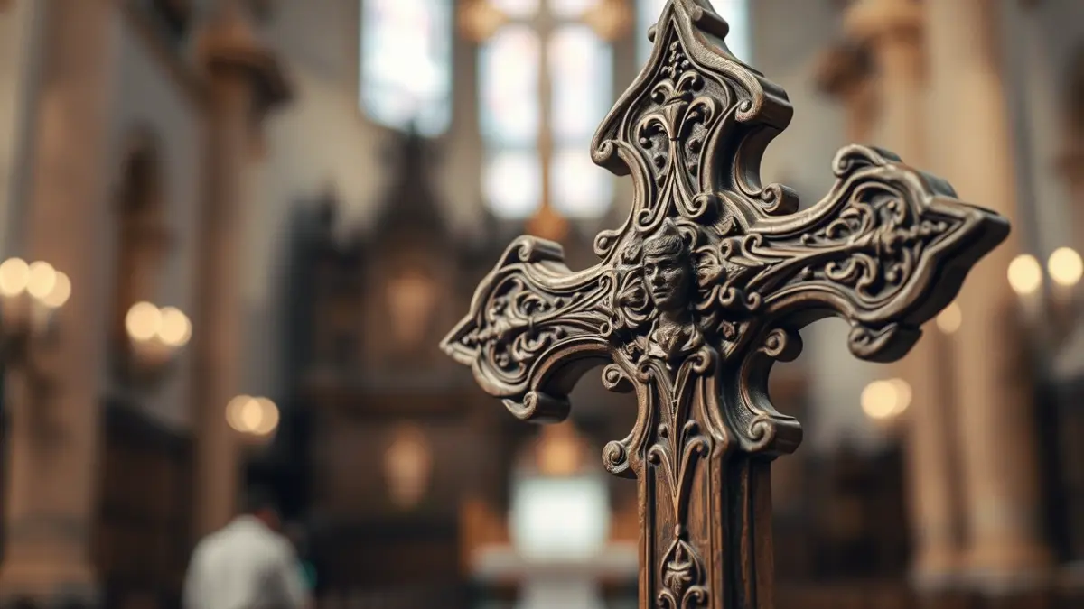 Ornate processional cross with detailed carvings, in a church setting.