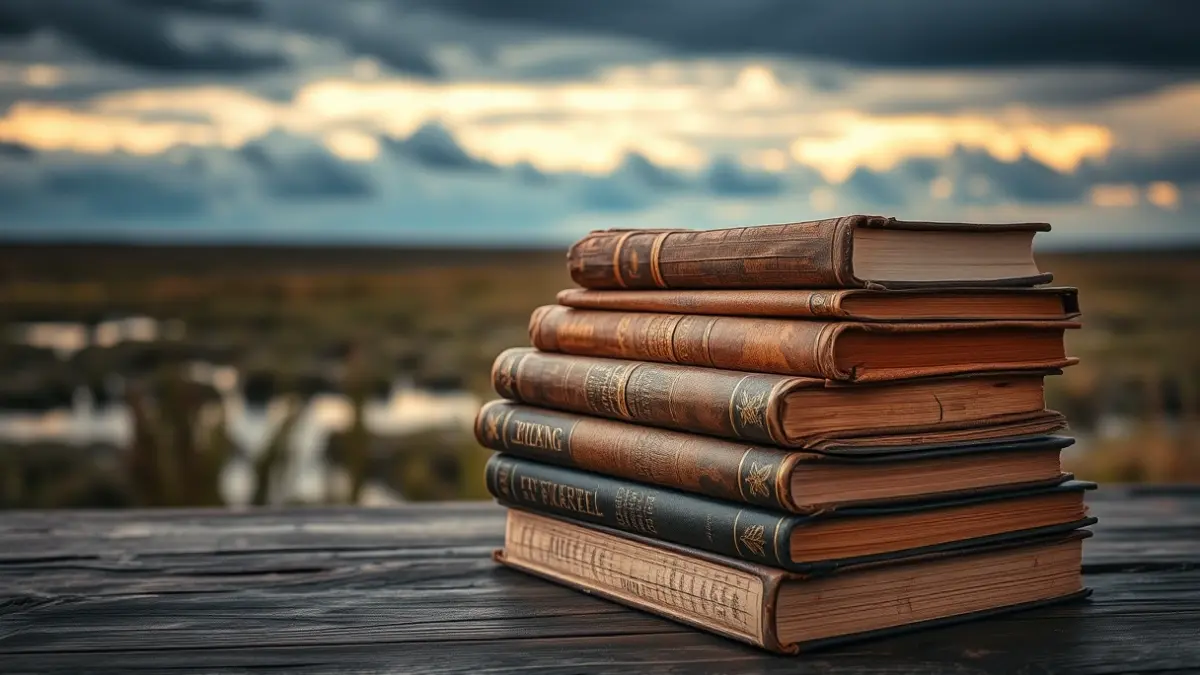 Imagen de libros antiguos sobre una mesa de madera con un paisaje de marisma borroso al fondo.