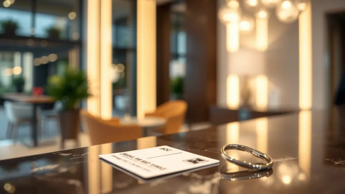 Generic image of a hotel key card on a reception desk.