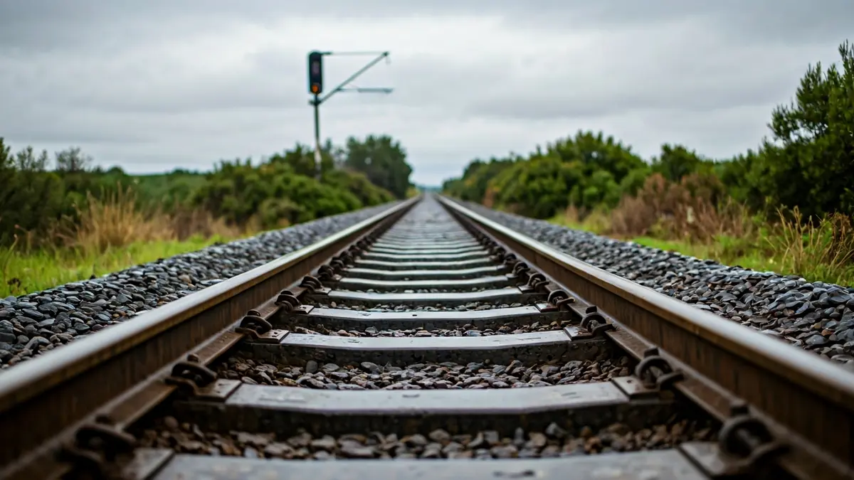 Damaged train tracks in a rural Andalusian landscape after heavy rains.