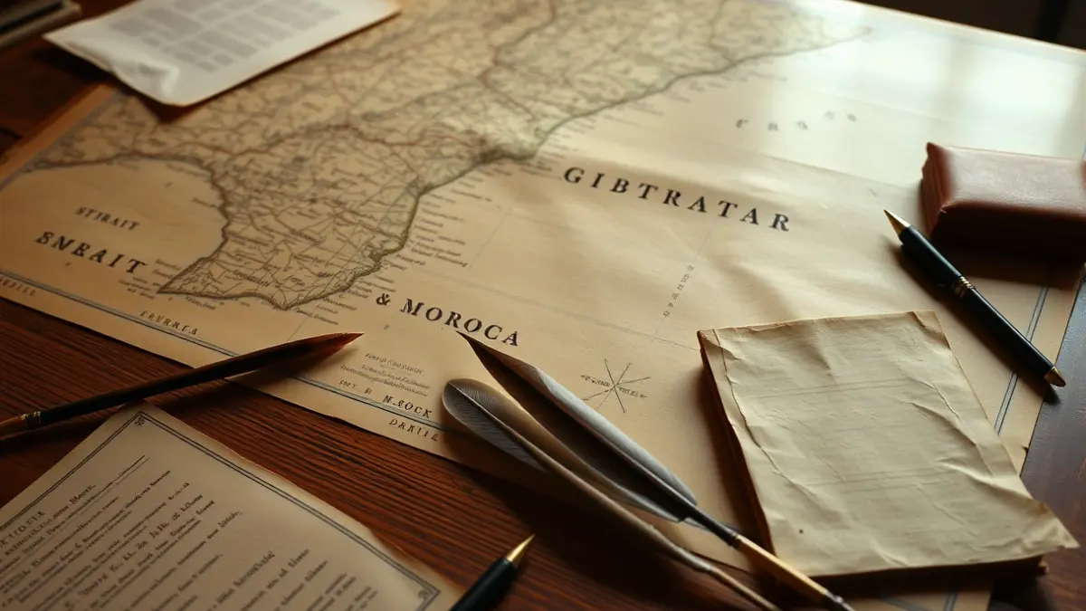Image of an old map of the Strait of Gibraltar and Morocco with diplomatic documents on a wooden table.