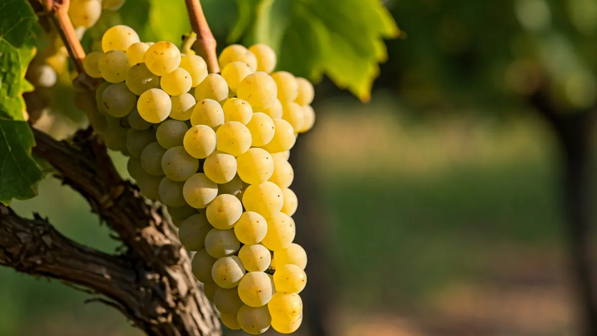 Imagen de uvas blancas maduras en un viñedo bajo el sol andaluz.