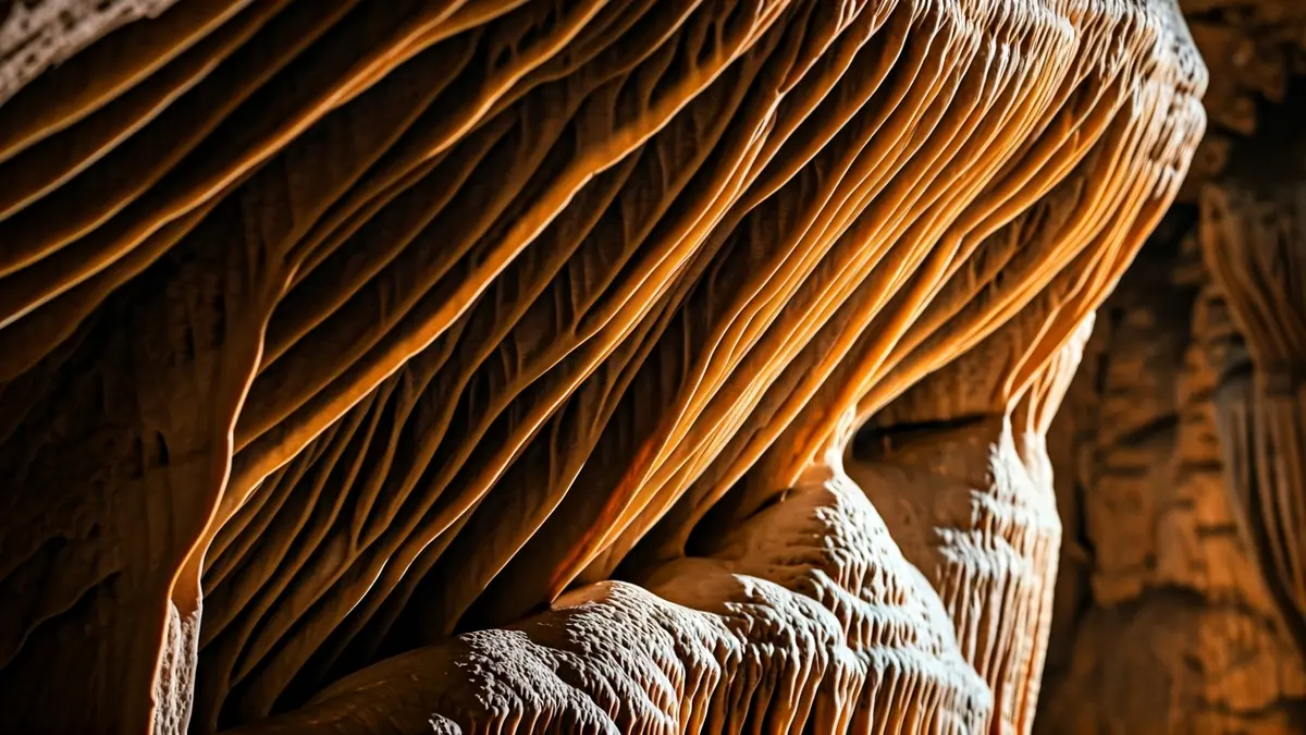 Imagen de una formación de estalactitas en una cueva, iluminada suavemente.