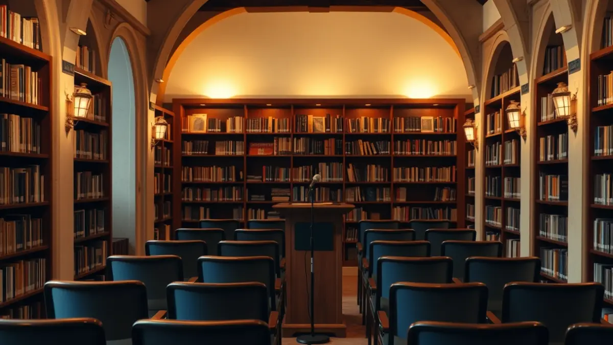 Imagen genérica de un interior de biblioteca con un podio y sillas, en un ambiente cálido.