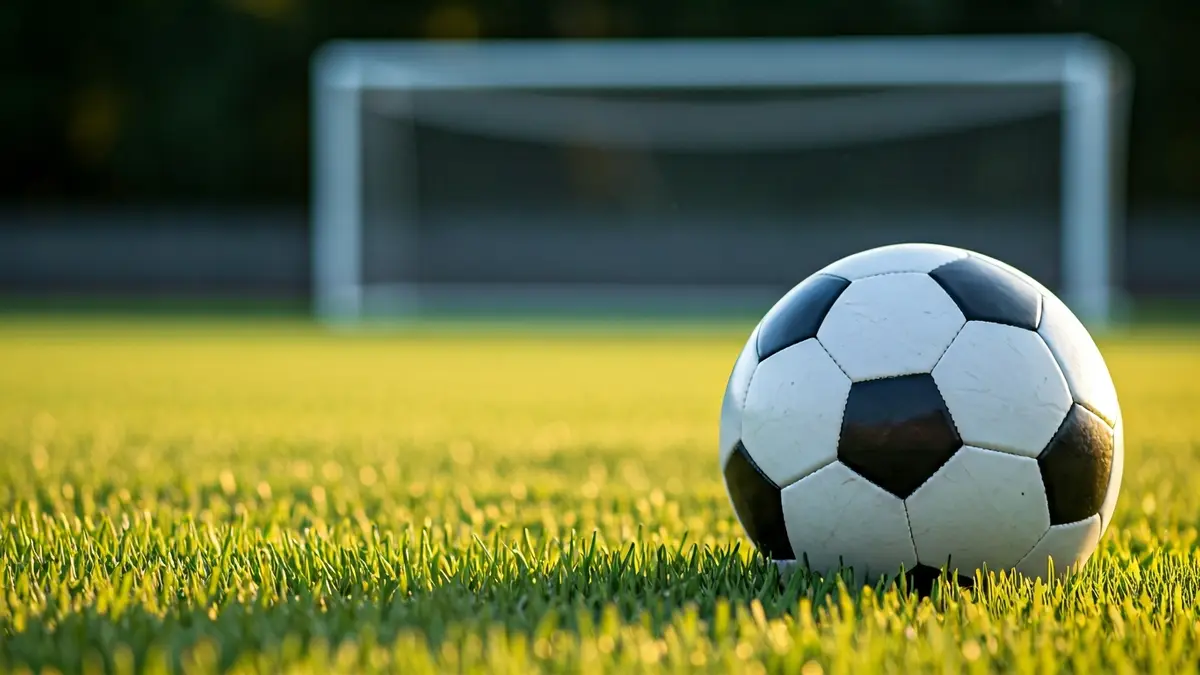 Imagen genérica de un balón de fútbol en el césped, con la portería desenfocada al fondo.