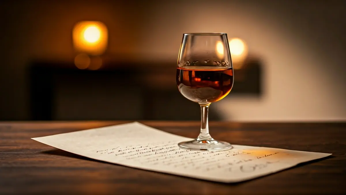 Image of an old letter with a glass of sherry wine, evoking history and wine tradition.