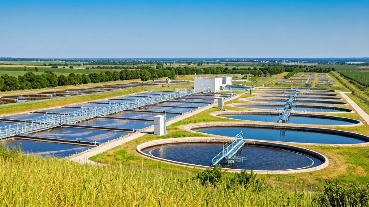Imagen de una planta depuradora de aguas residuales en un entorno rural.