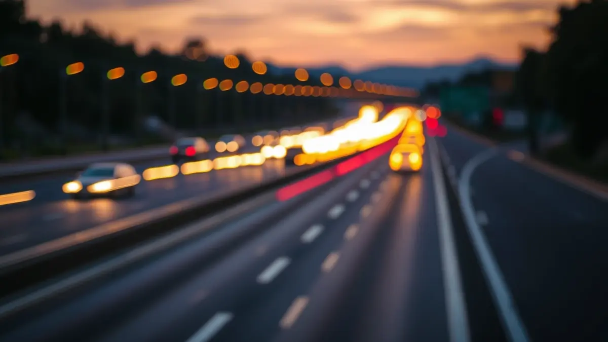 Generic image of a highway at dusk, with blurred car lights.