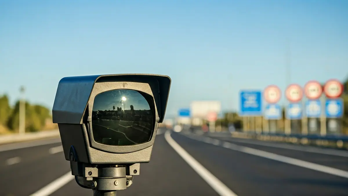 Image of a speed radar on a highway with contradictory traffic signs.