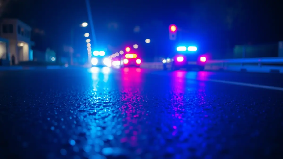 Generic image of emergency lights reflected on wet asphalt, symbolizing traffic controls.