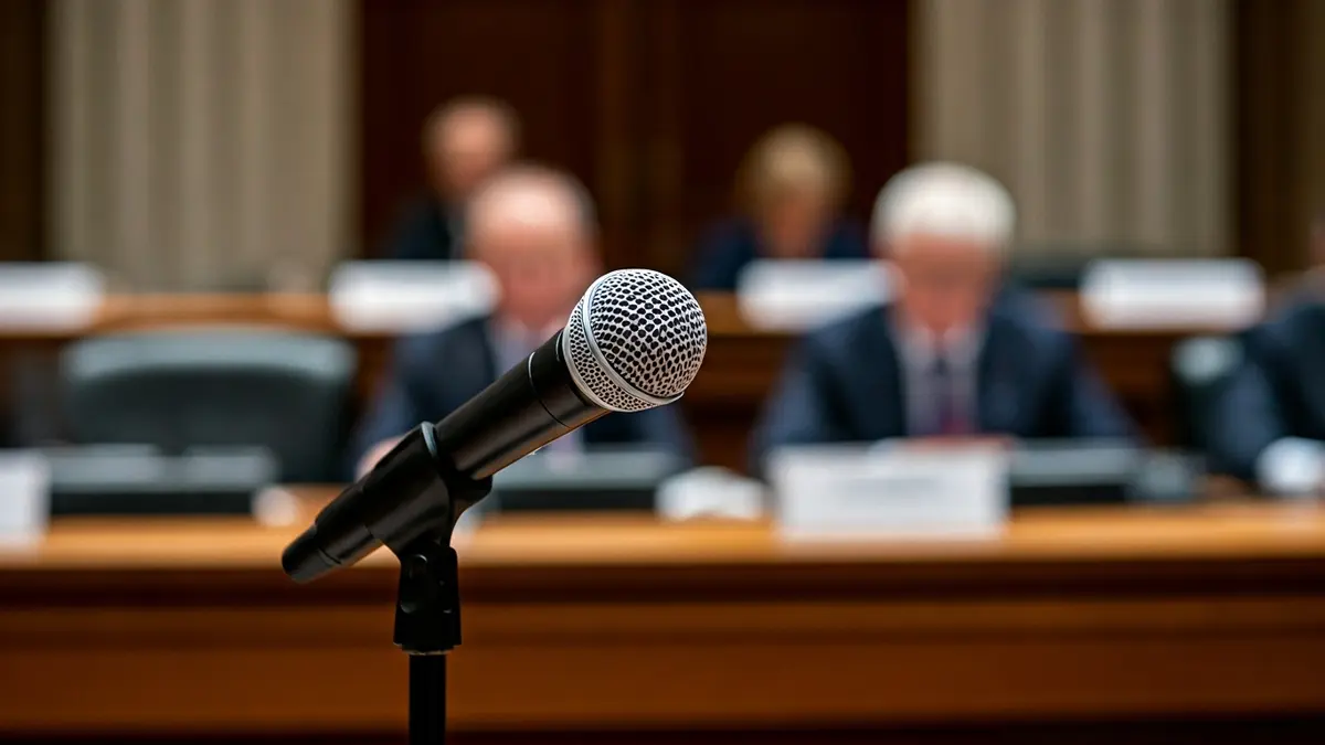Generic image of a microphone on a podium during a meeting or presentation.