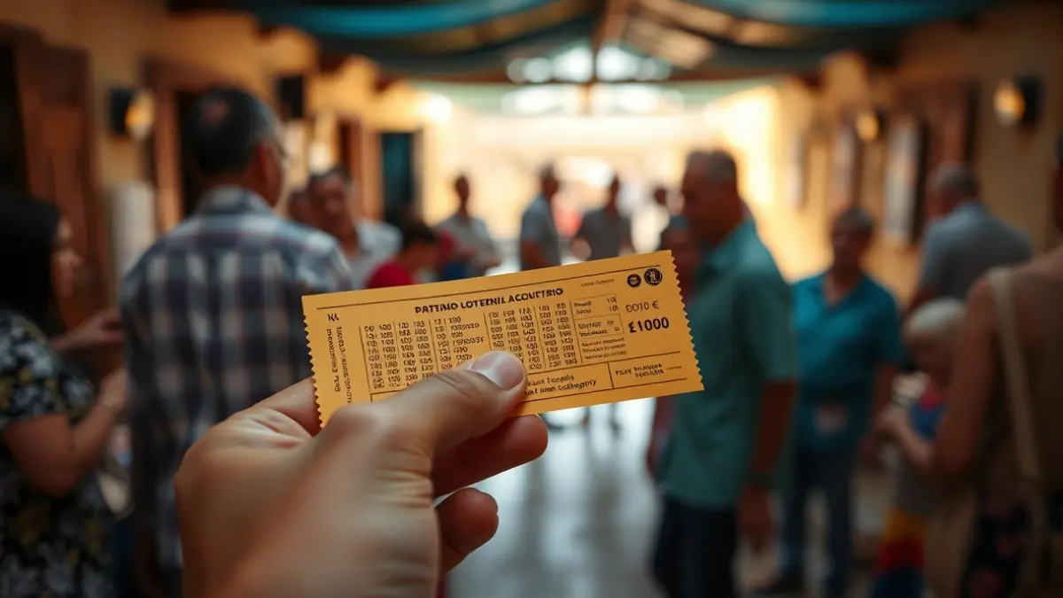 Imagen genérica de una mano sosteniendo un boleto de lotería dorado, con un fondo desenfocado de personas en una comunidad.