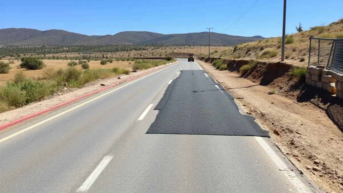 Imagen de una carretera rural en reparación tras fuertes lluvias, con maquinaria de construcción y barreras.