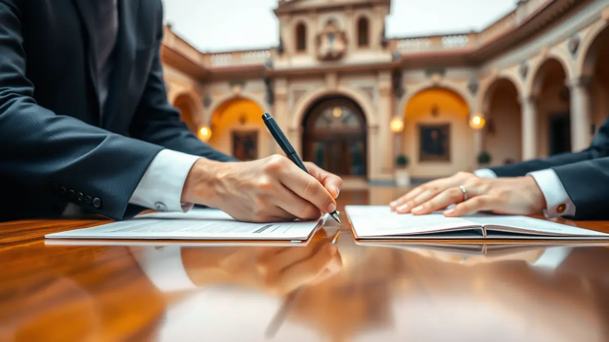 Generic image of hands signing official documents in an institutional setting.