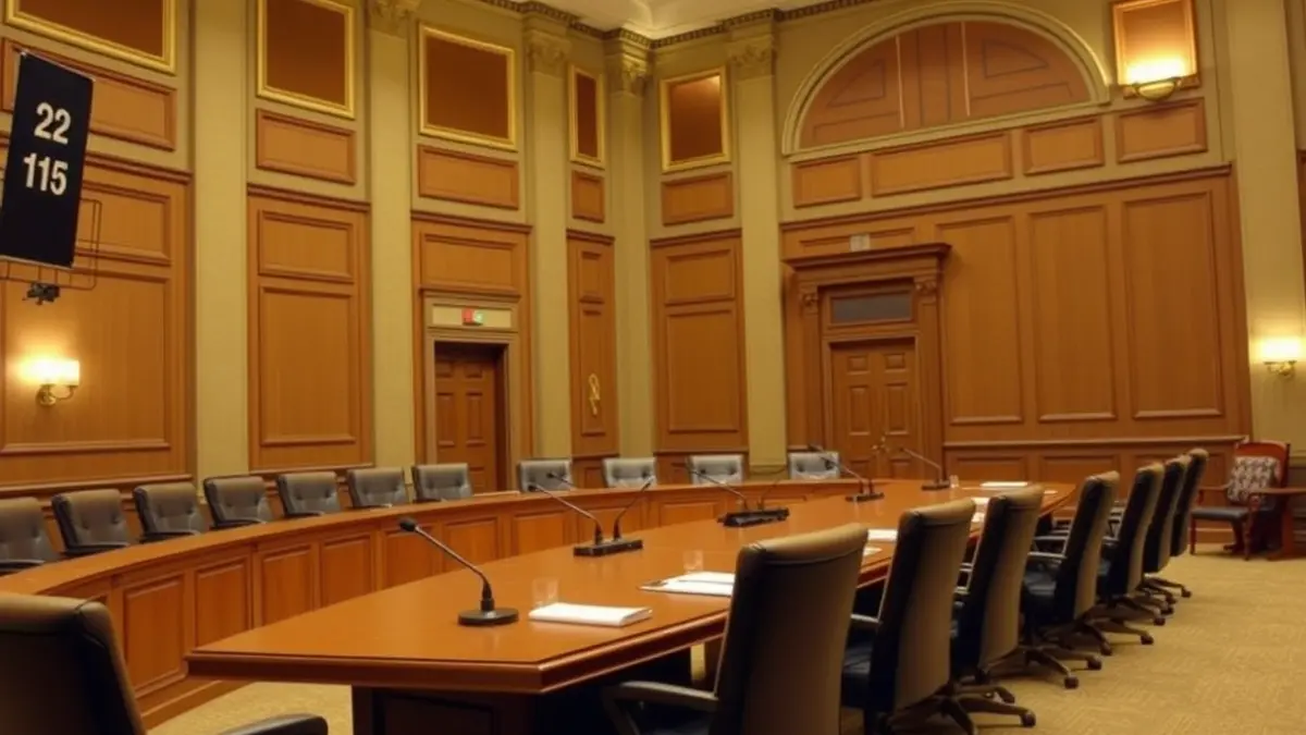 Generic image of a council or meeting room, with a long table and microphones.
