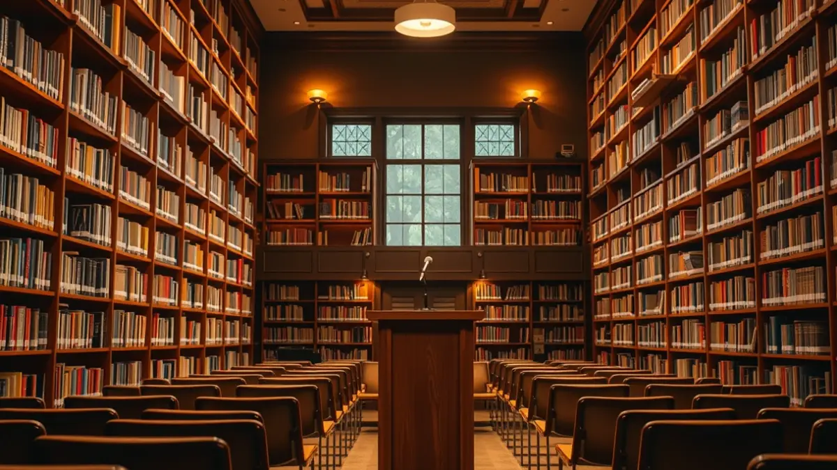 Imagen genérica de un interior de biblioteca con estanterías de madera y un podio con micrófono.