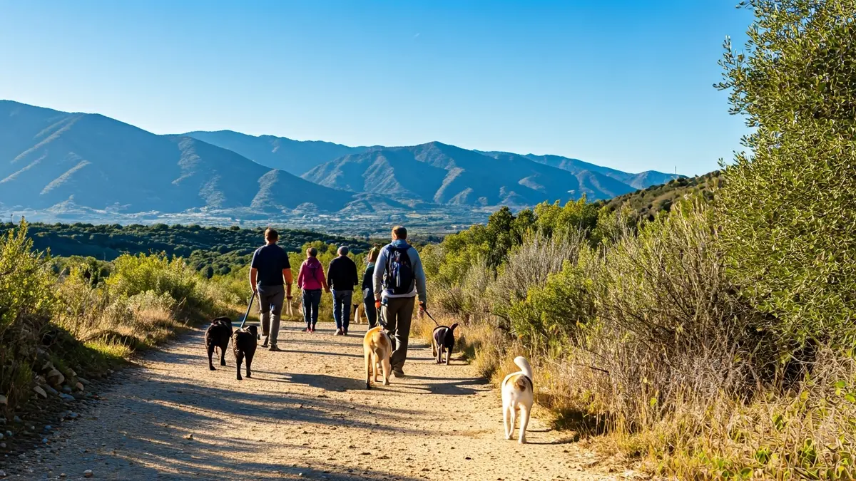 Imagen genérica de senderistas con mascotas en un entorno natural andaluz.