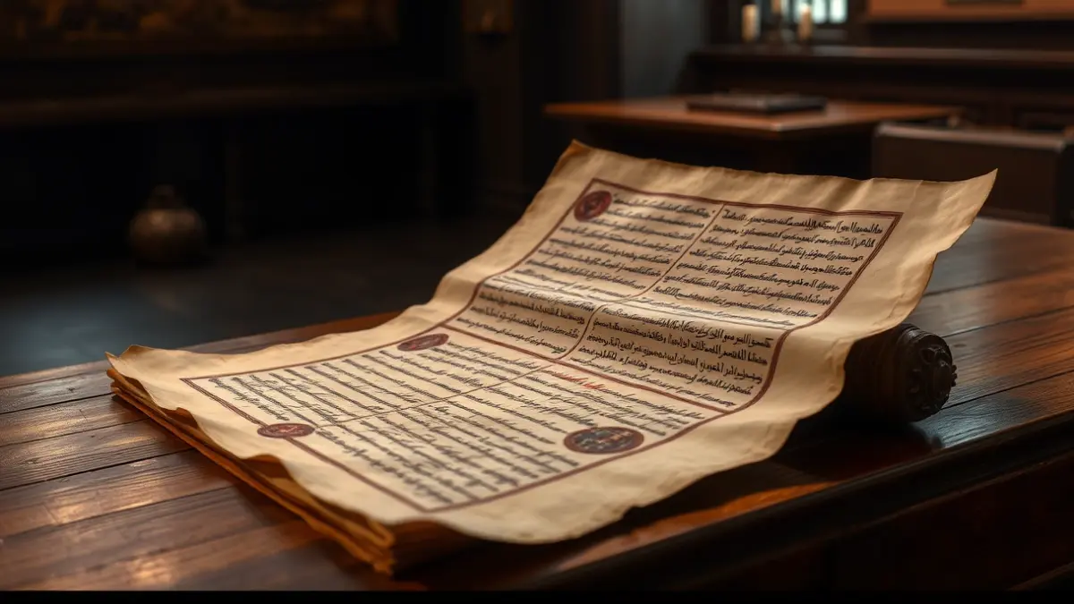 Historical document with ornate calligraphy and seals, evoking the Capitulations of Santa Fe.