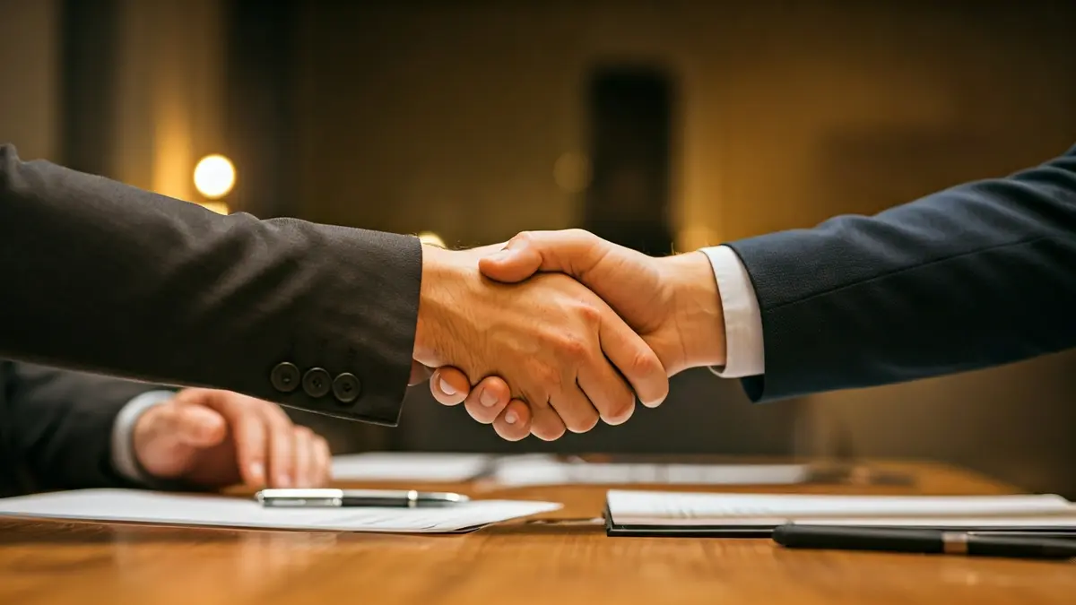 Generic image of two hands shaking over a desk, symbolizing an agreement.