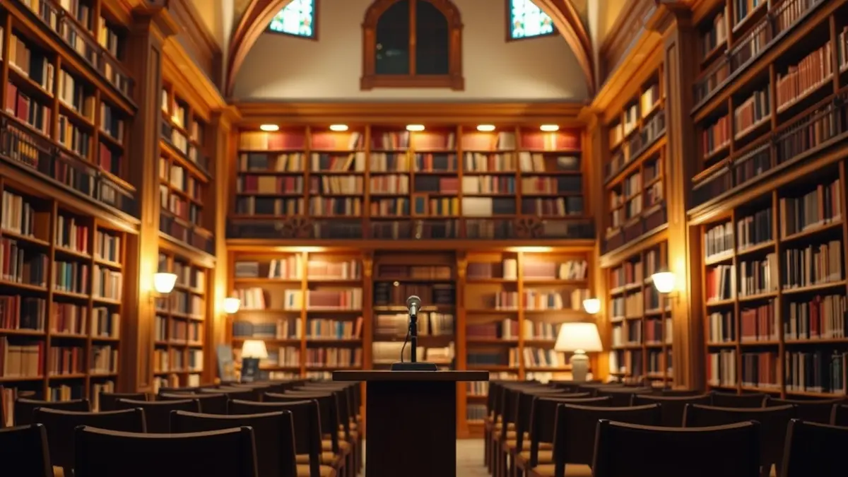Generic image of a library with wooden bookshelves and a podium, evoking a cultural presentation atmosphere.
