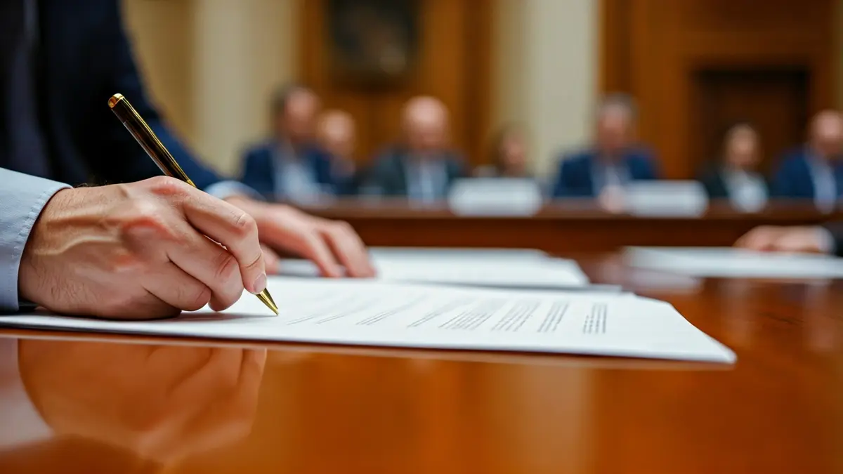 Imagen genérica de una sesión plenaria o firma de documentos oficiales.