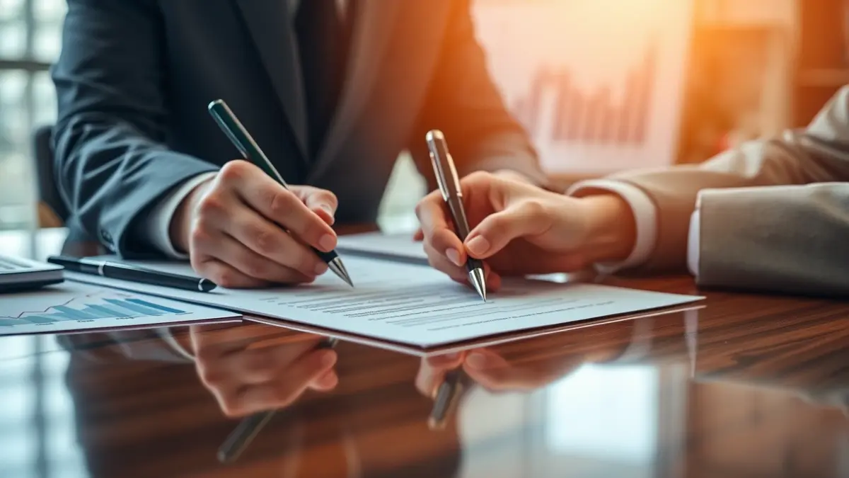 Generic image of hands signing official documents on a wooden desk.