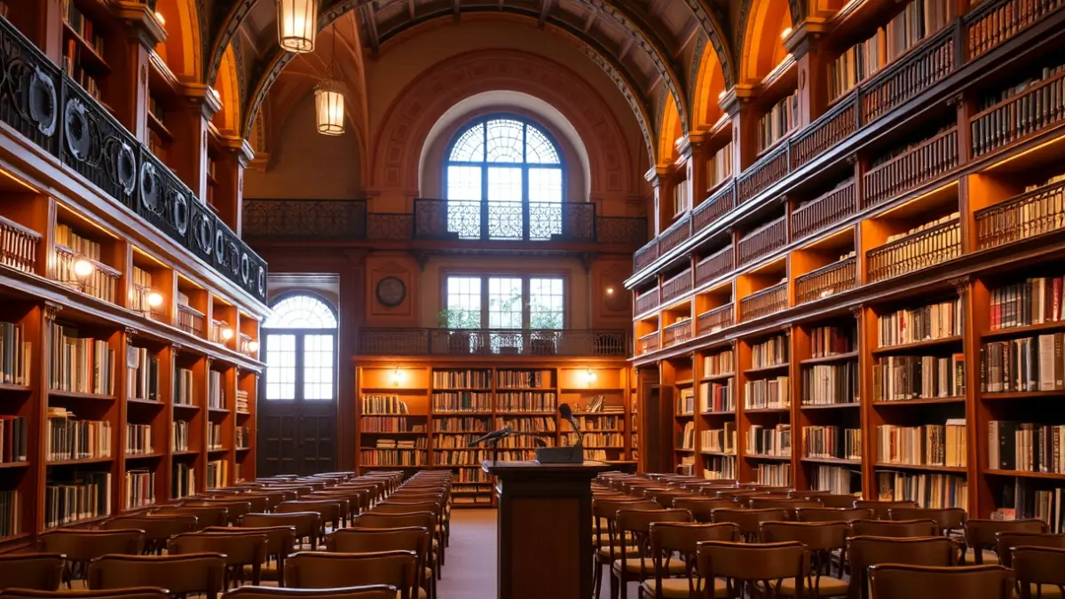 Imagen genérica de un interior de biblioteca con estanterías de madera y un podio con micrófono.