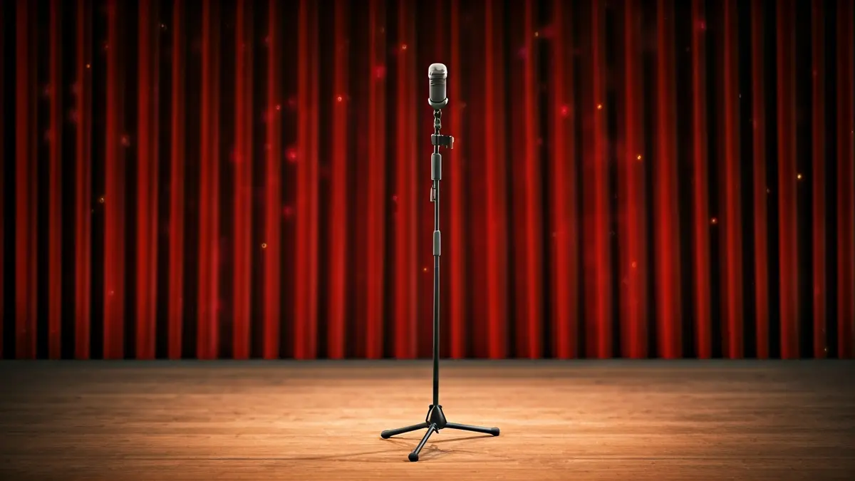 Imagen genérica de un escenario teatral con un micrófono y cortinas rojas.