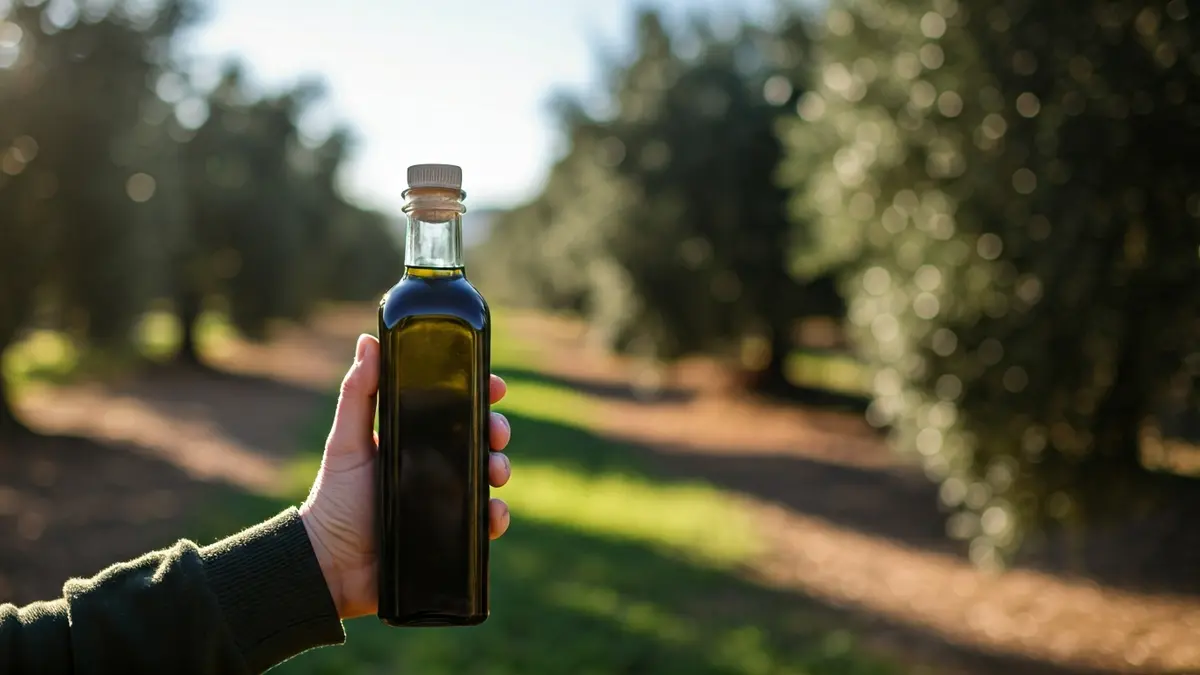 Imagen genérica de una botella de aceite de oliva con olivos de fondo.