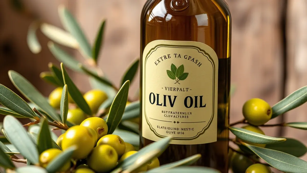 Imagen genérica de una botella de aceite de oliva virgen extra con aceitunas y ramas de olivo.