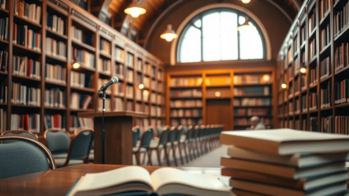 Generic image of an exhibition hall or library with books and a cozy atmosphere.