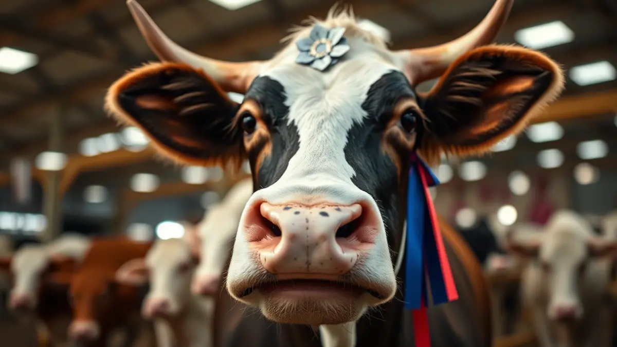 Image of a cow with an award at an agricultural fair.