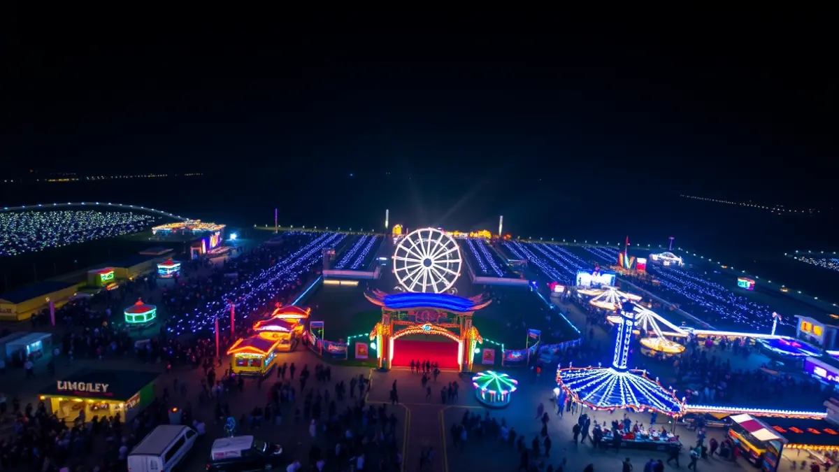 Aerial view of the Seville April Fair illuminated at night.